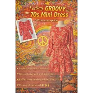 Flying Tomato Red Floral Mini Dress Retro 70s Boho Ruffle Waist Medium
